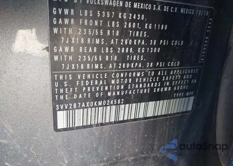 2019 Volkswagen Tiguan 2.0T Se/2.0T Sel/2.0T Sel R-Line/2.0T Sel R-Line Black из США, поврежденный, VIN 3VV2B7AX0KM024582